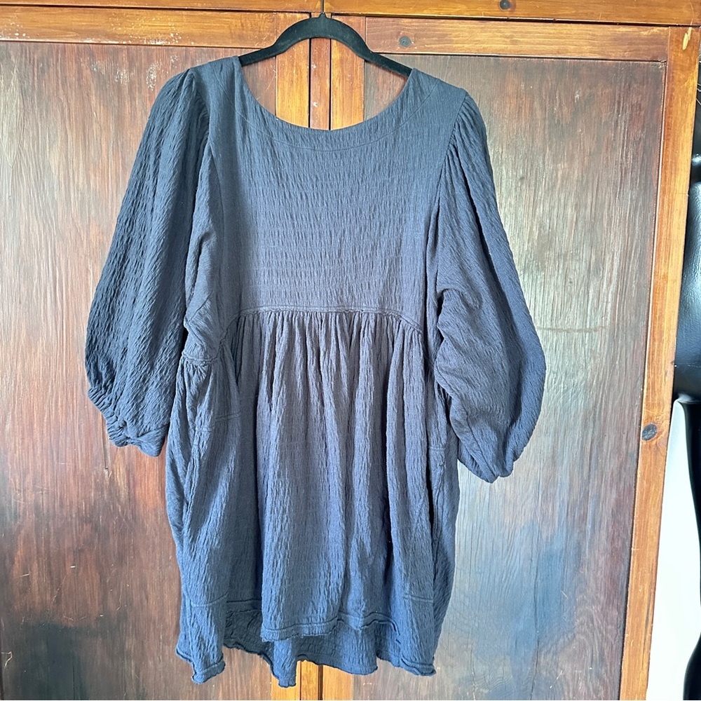 Free People Beach Black Textured Puff-Sleeve Dress / Tunic / Coverup